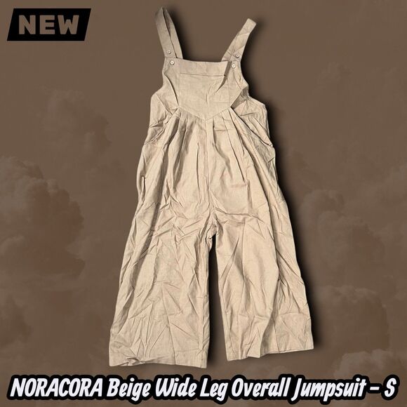 NEW NORACORA Beige Wide Leg Overall Jumpsuit Adjustable Straps Size S - Picture 3 of 12